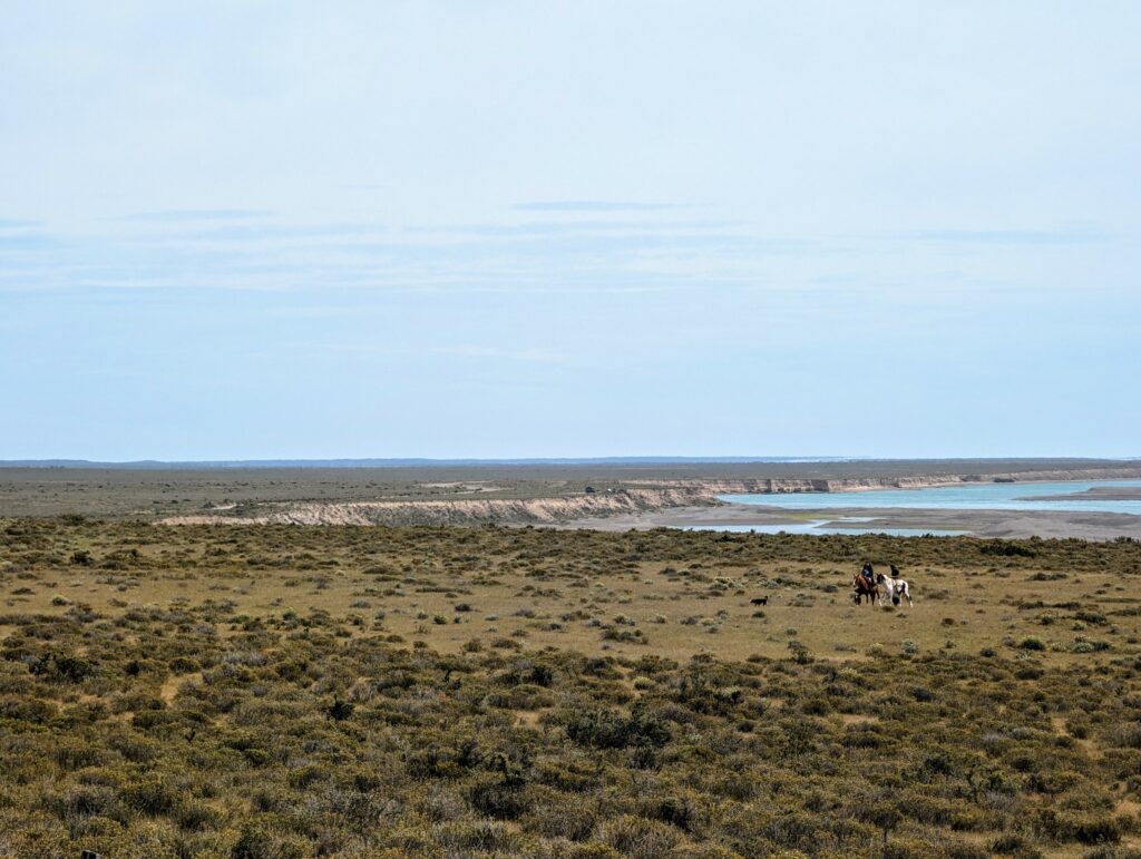 Barren landscape of the Valdes Peninsula with two people on horseback in the distance and the ocean at the horizon