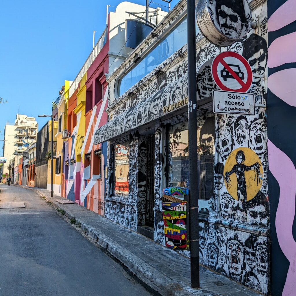 Black and white and colorful murals on an alley in Palermo Soho, Buenos Aires, Argentina