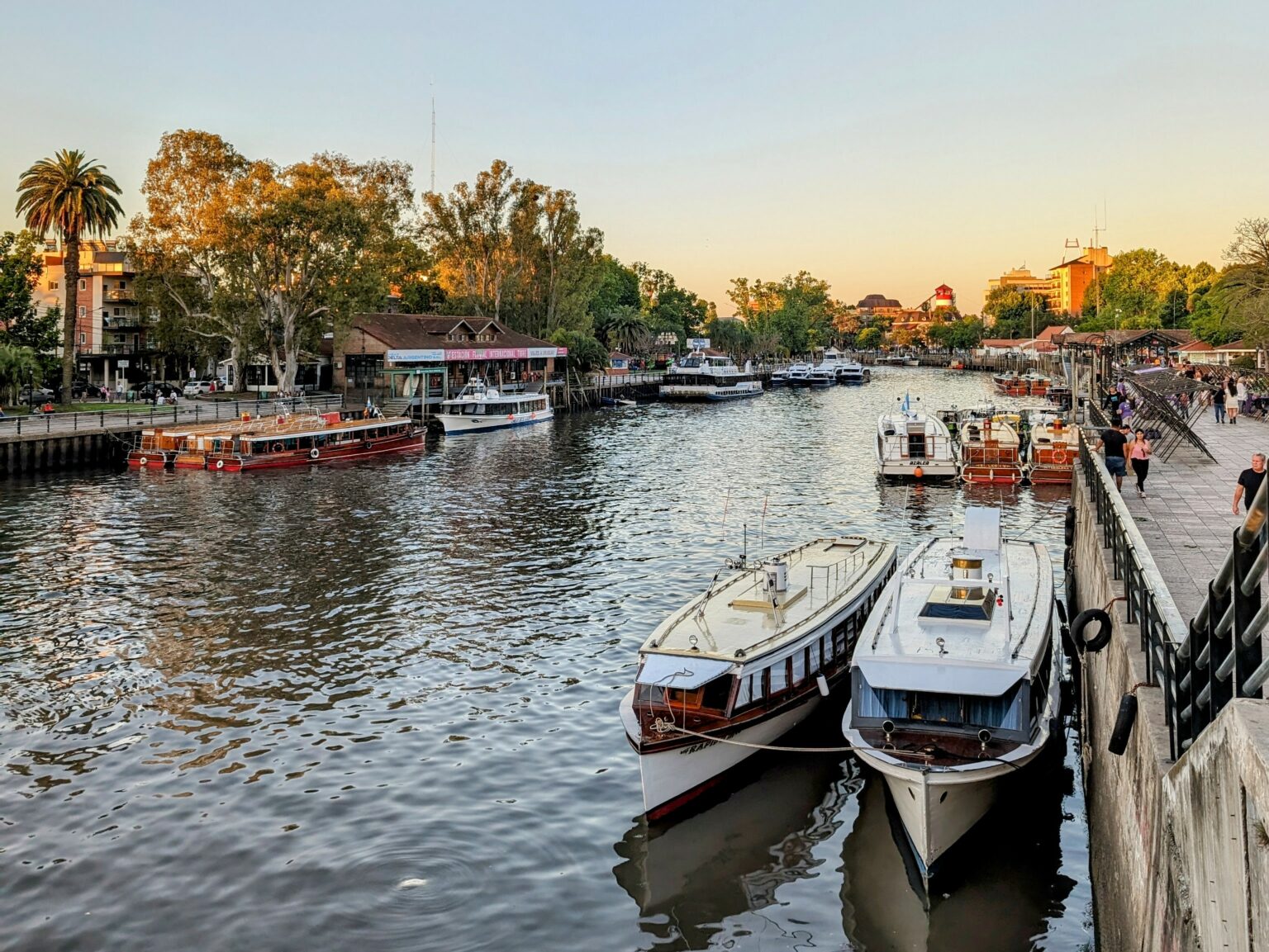 Several boats docked on water in front of a city skyline, creating a picturesque scene.