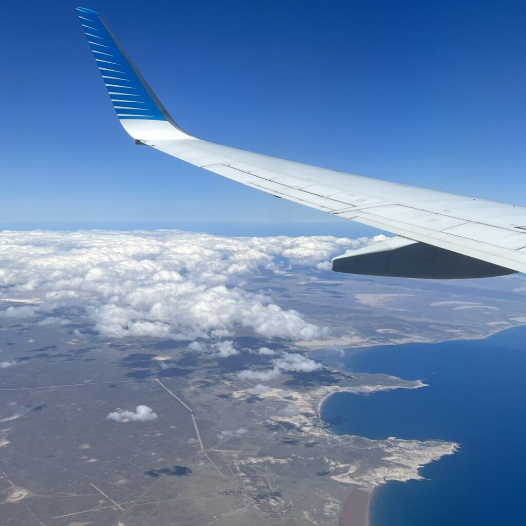 View of the Valdes Peninsula from an airplane with an airplane wing