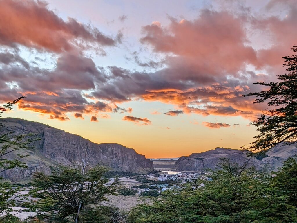 Sun rising over El Chalten, a small mountain town