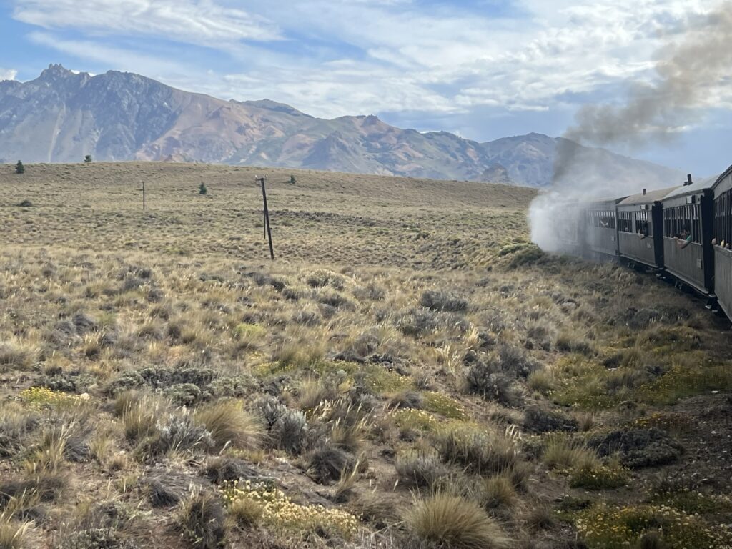 A steam train driving through an arid landscape with mountains behind