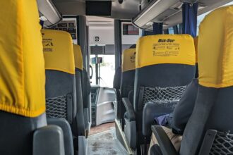 Yellow and grey bus seats