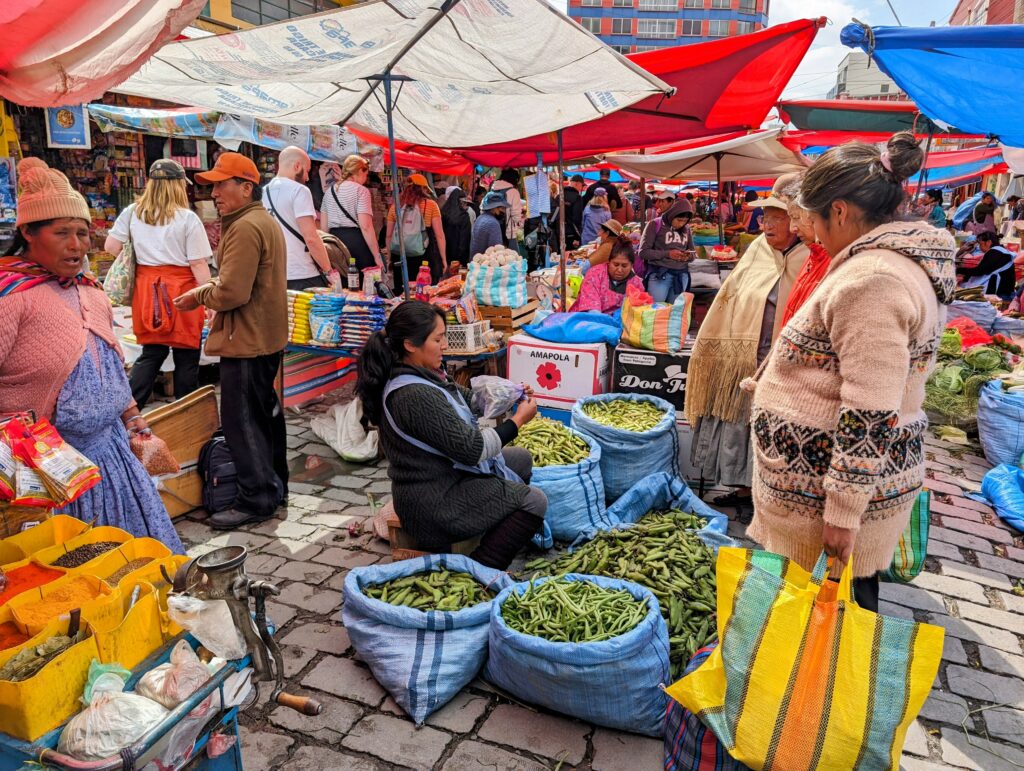A market with women selling different vegetables and potatoes in La Paz