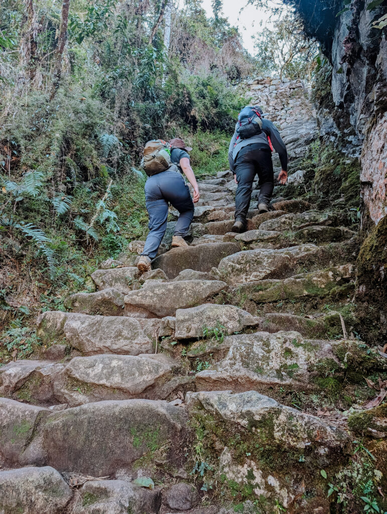 Two people hiking up steep stone stairs on the Short Inca Trail