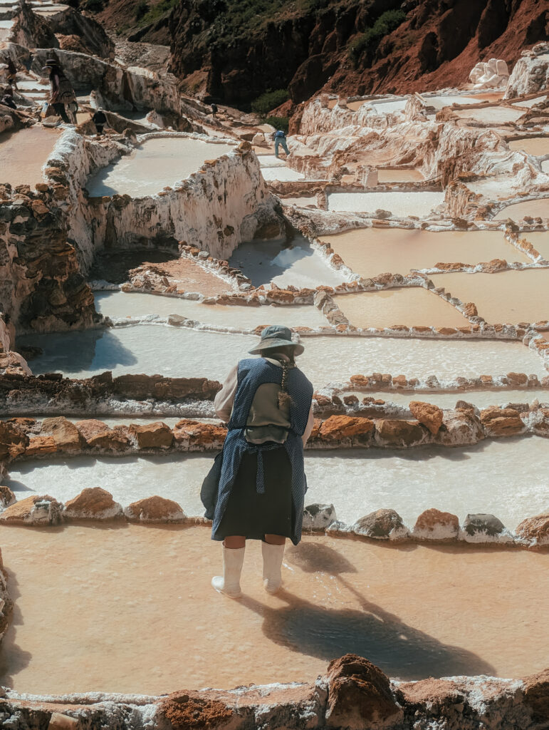 A woman standing in a brown salt mine taking care of her plot