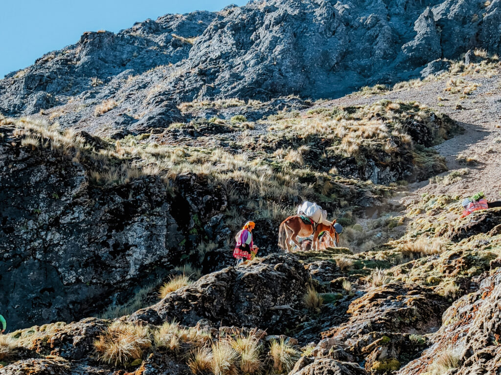 A woman and a horse hiking up the side of a mountain during the Lares Trek
