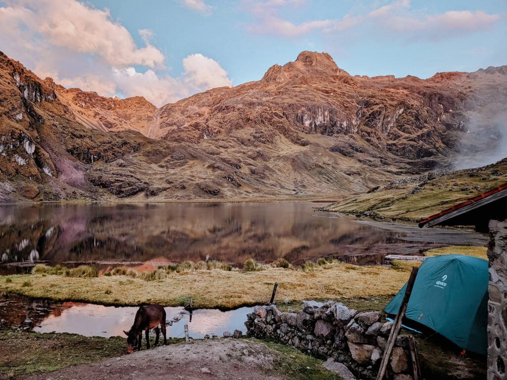 A tent in front of a lake with mountains in the background during a pink sunset on the Lares Trek