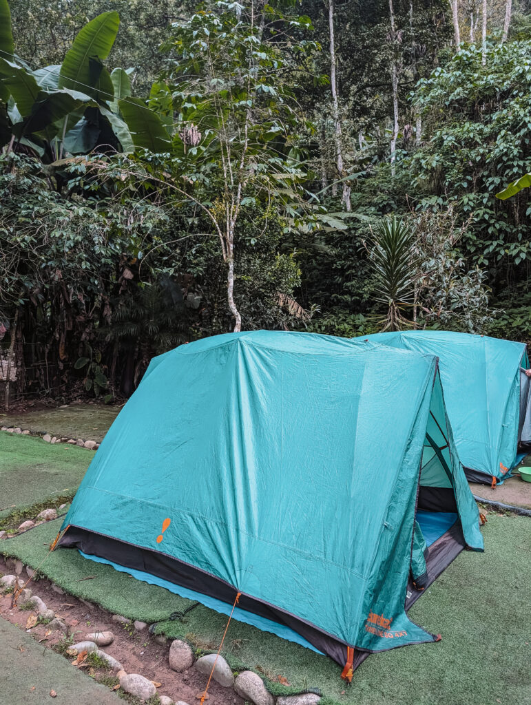 Two green tents at a campsite after the Short Inca Trail