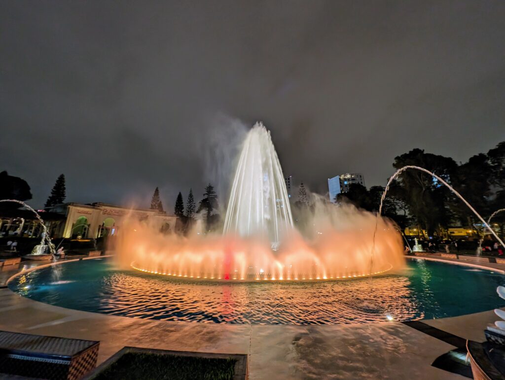 A fountain lit up in Lima