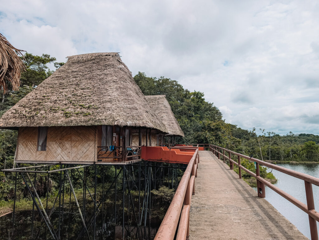 A few lodges perched above the water at the edge of a lake of Napo Wildlife Center