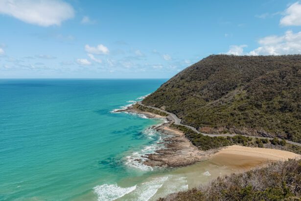 Overlooking a coastal road while driving the Great Ocean Road