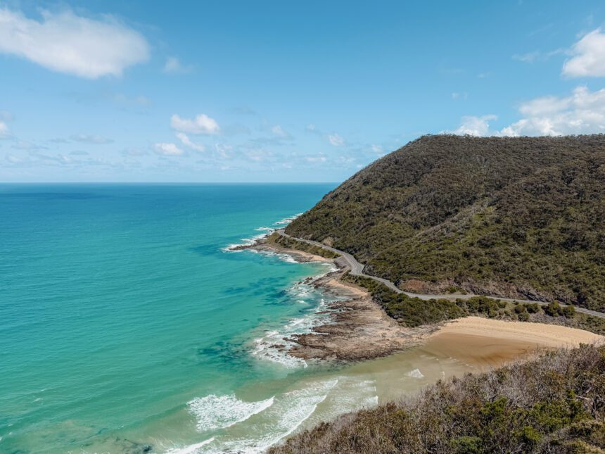 Overlooking a coastal road while driving the Great Ocean Road