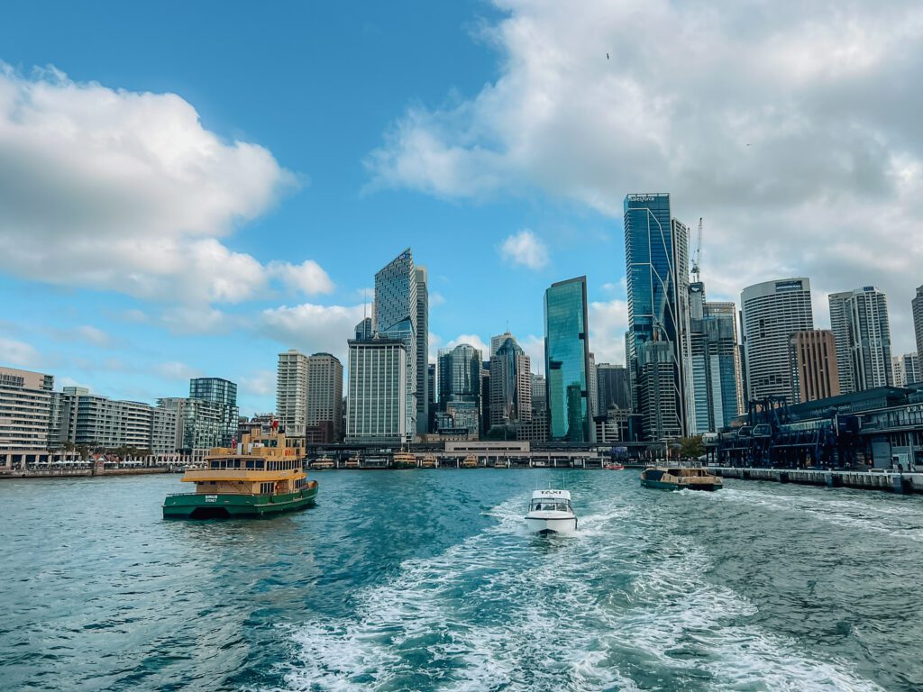 A view of the Circular Quay and skyscraper skyline from a ferry, the transportation hub of Sydney, Australia